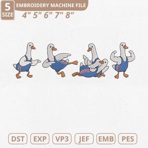 May include: An embroidery machine file featuring a series of cartoon geese in blue overalls. The geese are in various poses, including dancing and flexing. The file sizes range from 4 to 8 inches. The text "EMBROIDERY MACHINE FILE" is at the top.