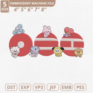 May include: An embroidery machine file design featuring the number "5" with cartoon characters. The design includes the text "EMBROIDERY MACHINE FILE" and size options from 4" to 8". The file formats are DST, EXP, VP3, JEF, EMB, and PES.