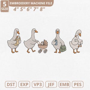 Könnte beinhalten: Eine Stickmaschinen-Datei mit vier Cartoon-Gänsen in verschiedenen Posen. Eine Gans hält ein Baby, eine andere schiebt einen Kinderwagen, eine dritte trägt eine Flasche und eine Wickeltasche, und die letzte umarmt eine Babygans. Der Text "EMBROIDERY MACHINE FILE" und die Größen 10-20 cm werden angezeigt.