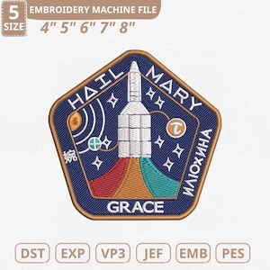 May include: A navy blue embroidered patch with a rocket ship design, the text "HAIL MARY GRACE" and the name "ИЛІОХИНА". The patch is in a pentagon shape and includes the size options: 4", 5", 6", 7", and 8".