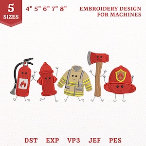 Puede incluir: Un diseño de bordado para máquinas con cinco personajes animados: un extintor rojo, una boca de incendios roja, una chaqueta de bombero beige con bandas reflectantes amarillas, un hacha roja y un casco de bombero rojo. Texto: 5 SIZES 4" 5" 6" 7" 8" EMBROIDERY DESIGN FOR MACHINES DST EXP VP3 JEF PES.