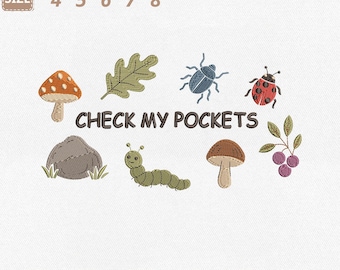 Check My Pockets Forest Fungi Machine Embroidery File, Mushroom Bug Leaves (Instant Download)