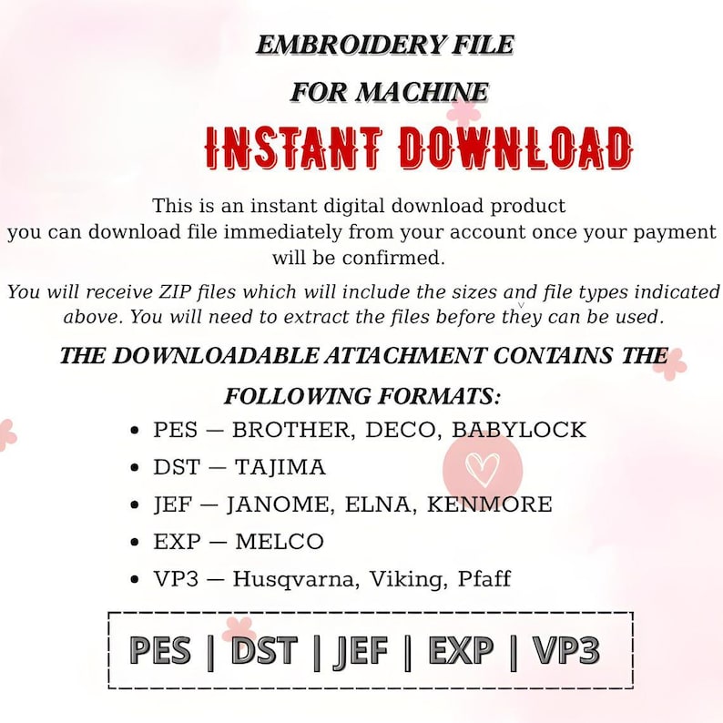 Pu&ograve; includere: File di ricamo digitale per macchina con la scritta "INSTANT DOWNLOAD". L'allegato scaricabile contiene i seguenti formati: PES, DST, JEF, EXP e VP3. Il file &egrave; disponibile per il download immediato dopo l'acquisto.