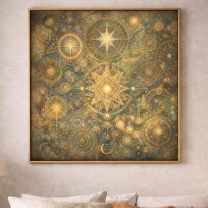 Gyllene mandala stjärndiagramtryck, väggkonst med himmelsk geometri (digital nedladdning)