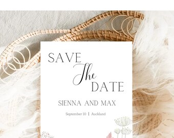 May include: Save the Date card with a floral border. The text reads "Save the Date, Sienna and Max, September 10 | Auckland."