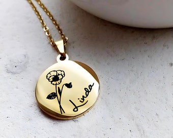 Personalized Birth Flower Disc Necklace - Gold Custom Engraved Month Floral Disc Pendant Charm Necklace Gifts for Her/Him