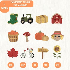 May include: A collection of twelve machine embroidery designs featuring a green boot, a green tractor, a hay bale, a red barn, a basket of pumpkins, a mushroom, two pumpkins, a scarecrow face, a red leaf, a bicycle, a sign reading FALL, and a sunflower.