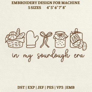 Può includere: Un disegno di ricamo per ricamatrice con un cestino di pane, un guanto da forno, un fiocco, un barattolo e fette di pane. Il testo "in my sourdough era" è incluso. Il design è disponibile in 5 misure: 10.16cm, 12.7cm, 15.24cm, 17.78cm e 20.32cm.