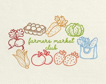 Farmers Market Club Machine Embroidery File, Garden Vegetables Design (Instant Download)