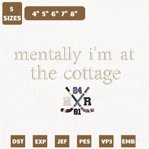 May include: An embroidered design with the text "mentally I'm at the cottage". Below the text are two crossed hockey sticks with the numbers 24 and 81. The design includes size options from 4" to 8".