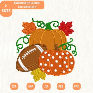 May include: An embroidery design for machines featuring a large orange pumpkin, a smaller orange pumpkin with white polka dots, a brown football, and colorful autumn leaves in orange, red, and yellow, accented by green swirling vines.