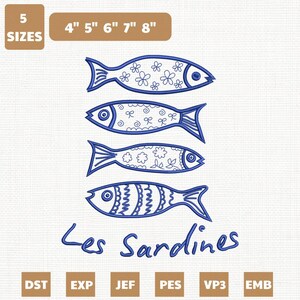 May include: Blue embroidered design featuring four stylized fish with decorative patterns. The text "Les Sardines" is below the fish. The design is available in 5 sizes, ranging from 4 to 8 inches.