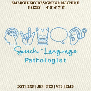 Könnte beinhalten: Ein Stickdesign für die Maschine, mit blauer Strichzeichnung eines Gehirns, einer Hand, eines Rachens, einer Sprechblase und eines Ohrs. Der Text lautet "Speech-Language Pathologist" und enthält die Größen 10.16cm, 12.7cm, 15.24cm, 17.78cm und 20.32cm.
