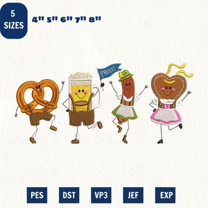 Puede incluir: Un diseño de bordado con cuatro personajes antropomórficos: un pretzel con pantalones cortos marrones, una jarra de cerveza con líquido amarillo, una salchicha con sombrero verde y delantal sosteniendo una bandera azul con el texto PROST!, y una galleta en forma de corazón.