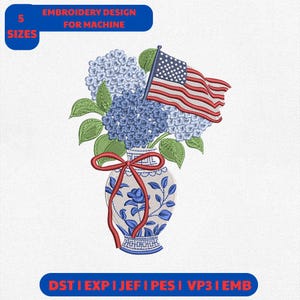 Chinoiserie Hydrangea Usa Flag Machine Embroidery File, 4Th Of July Design (Instant Download)