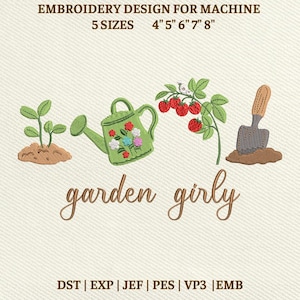 Könnte beinhalten: Stickdesign mit Gartenelementen: Gießkanne, Erdbeeren, Spaten und Setzling. Der Text "garden girly" ist kursiv geschrieben. Erhältlich in 5 Größen: 10,16 cm, 12,7 cm, 15,24 cm, 17,78 cm und 20,32 cm.