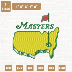 Può includere: Design ricamato con la parola "Masters" in verde sopra un contorno giallo di campo da golf con una bandiera. Disponibile in 5 misure, da 10,16 cm a 20,32 cm. Formati di file di ricamo inclusi.