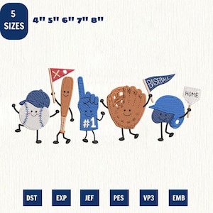 May include: An embroidery design featuring five anthropomorphic baseball-themed characters: a baseball with a blue cap, a wooden bat with a red pennant, a blue foam finger, a brown baseball glove, and a blue batting helmet holding a sign reading HOME.