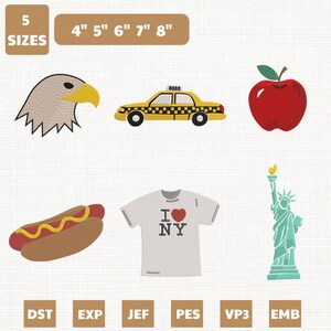 May include: A collection of embroidered designs featuring an eagle, a yellow taxi, a red apple, a hot dog, a white t-shirt with "I ❤️ NY" text, and the Statue of Liberty. Includes size options from 4 to 8 inches.