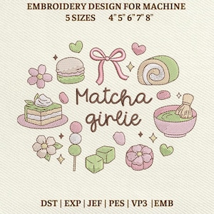 Può includere: Un disegno per ricamo con illustrazioni a tema matcha, tra cui una torta, macarons e una ciotola di matcha. Il disegno include il testo "Matcha girlie" ed è disponibile in 5 misure, da 10,16 cm a 20,32 cm.