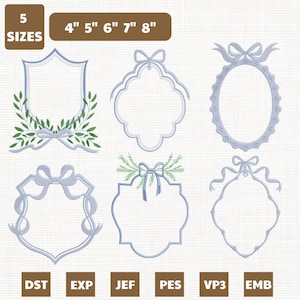 May include: A collection of six light blue embroidery designs in various shapes, including oval, shield, and scalloped frames. Each frame is adorned with bows and some with greenery. Sizes range from 4 to 8 inches.