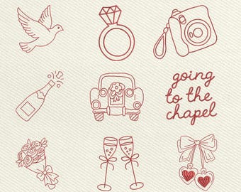 Set Of 9 Wedding Icons Machine Embroidery File, 4-8 Inches (Instant Download)