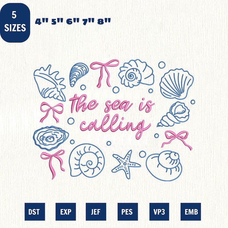Calling Vocation Sea Shell The Sea is Calling Machine Embroidery File, Coastal Summer Vacation ...