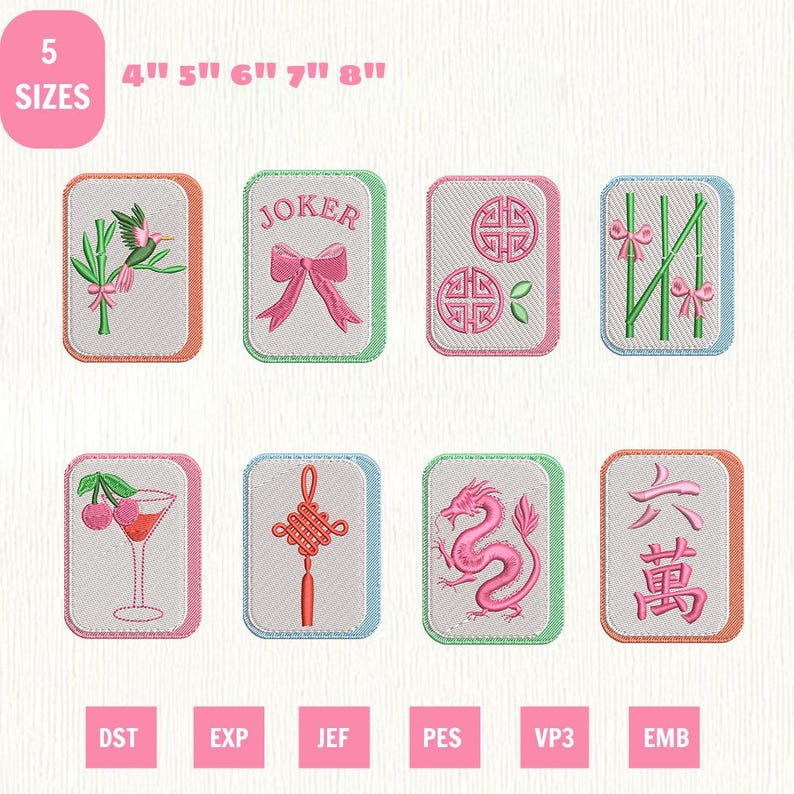 May include: Eight rectangular machine embroidery designs featuring mahjong tile motifs with pink and green accents. Designs include a hummingbird, a bow with the text JOKER, circular patterns, bamboo, a cocktail glass, a knot, a dragon, and Chinese characters.