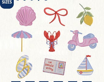 Set Of 9 Italian Summer Icons Embroidery File, 4-8 Inches (Instant Download)