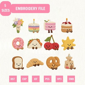Peut inclure: Un fichier de broderie présentant douze motifs anthropomorphes mignons, dont un bouquet de fleurs, des gâteaux, un donut, un taco, des cerises, un soleil, du pain, un croissant, un bretzel et un château de sable. Chaque personnage a un visage souriant.