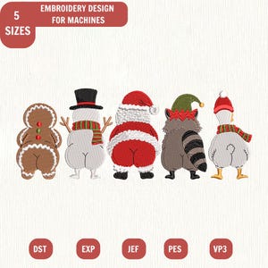 May include: Digital embroidery design for machines featuring five festive characters viewed from behind: a gingerbread person, a snowman with a scarf, Santa Claus, a raccoon in an elf hat, and a goose wearing a red hat and a striped scarf.