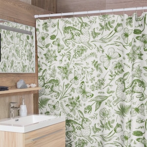 Retro Rabbits Shower Curtain | Floral Botanical Vintage Cottagecore Bohemian Easter Trendy Aesthetic Bathroom Home Decor Gift Present