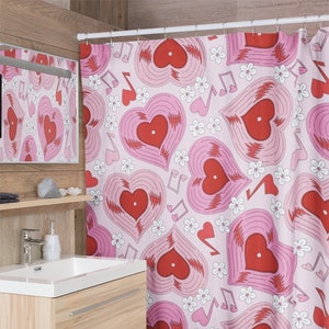 Heart Vinyl Record Shower Curtain | Music Groovy Funky Retro Kitsch Trendy Cute Pink Aesthetic Valentine&#39;s Bathroom Home Decor Gift Present