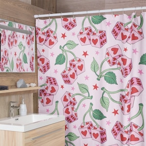 Tenda da doccia Cherry Dice / Groovy Funky Retro Kitsch Trendy Girly Coquette Pink Aesthetic San Valentino Bagno Decorazione per la casa Regali