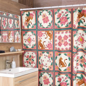 Leopard Tiles Shower Curtain | Trendy Vintage Hand Drawn Botanical Tropical Pink Boho Bohemian Aesthetic Bathroom Home Decor Gift Present