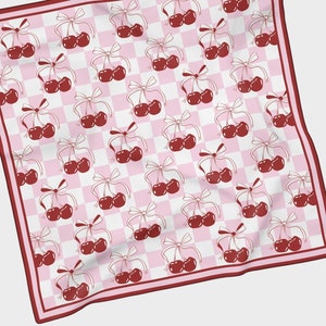Checkered Cherry Chiffon Scarf | Vintage Americana Coquette Rockabilly Pink Hair Accessory Headband Bandana Neckerchief Shawl Gift Present