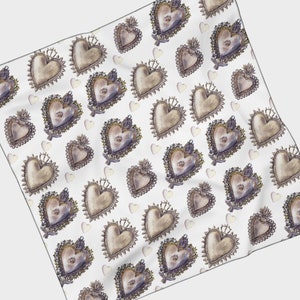 Sacred Heart Charm Chiffon Scarf | Femme Coquette Religious Hair Accessory Fashion Headband Bandana Neckerchief Valentine Gift Present
