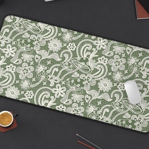 Floral Mushroom Lace Print Desk Mat | Retro Cottagecore Fairy Whimsical Boho Computer Laptop Office Tech Gaming Setup Mouse Pad Gift Present