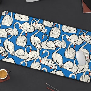 Hand Drawn Swan Desk Mat | Trendy Unique Ecclectic  Colorful Artistic Blue Computer Laptop Office Tech Gaming Setup Mouse Pad Gift Present