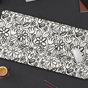 Abstract Floral Doodle Desk Mat | Trendy Eclectic Funky Unique Artistic Computer Laptop Office Tech Gaming Setup Mouse Pad Gift Present