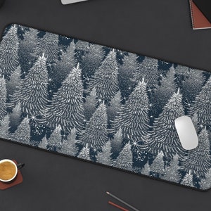Snowy Pines Desk Mat | Vintage Retro Festive Christmas Winter Trees Foliage Computer Laptop Office Tech Gaming Setup Mouse Pad Gift Present