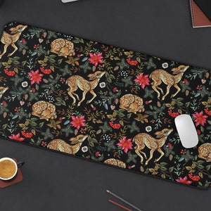 Woodland Deer Desk Mat | Vintage Festive Christmas Cottagecore Winter Computer Laptop Office Tech Gaming Setup Mouse Pad Gift Present