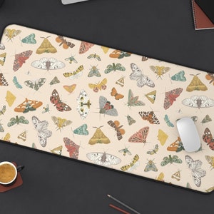 Colorful Moths Desk Mat | Retro Cottagecore Academia Fairy Whimsical Boho Computer Laptop Office Tech Gaming Setup Mouse Pad Gift Present