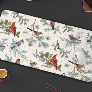 Winter Birds Desk Mat | Aviary Vintage Retro Festive Christmas Shabby Computer Laptop Office Tech Gaming Setup Mouse Pad Gift Present