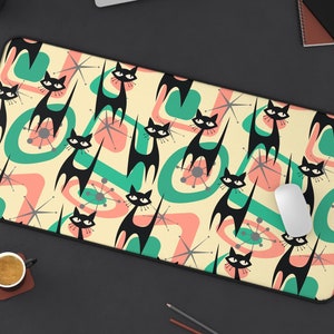 Atomic Cats Desk Mat | Trendy Colorful Funky Retro Groovy Mid Century Computer Laptop Office Tech Gaming Setup Mouse Pad Gift Present