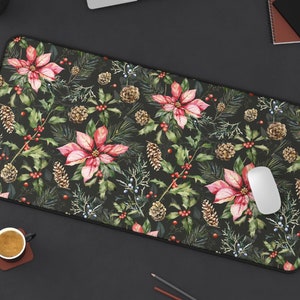 Poinsettia Desk Mat | Vintage Retro Festive Winter Christmas Shabby Chic Computer Laptop Office Tech Gaming Setup Mouse Pad Gift Present