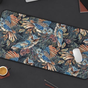 Winter Owls Desk Mat | Vintage Retro Festive Christmas Witchy Whimsigoth Computer Laptop Office Tech Gaming Setup Mouse Pad Gift Present