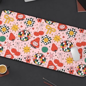 Cute Cartoon Desk Mat | Trendy Retro Preppy Funky Groovy Pink Kawaii Doodle Computer Laptop Office Tech Gaming Setup Mouse Pad Gift Present