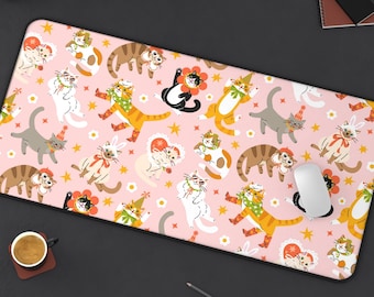 Costume Cats Desk Mat | Cute Funny Kittens Unique Eclectic Kitsch Colorful Computer Laptop Office Tech Gaming Setup Mouse Pad Gift Present