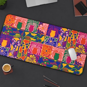 Abstract Floral Desk Mat | Funky Colorful Kitsch Retro Mid Century Eclectic Computer Laptop Office Tech Gaming Setup Mouse Pad Gift Present